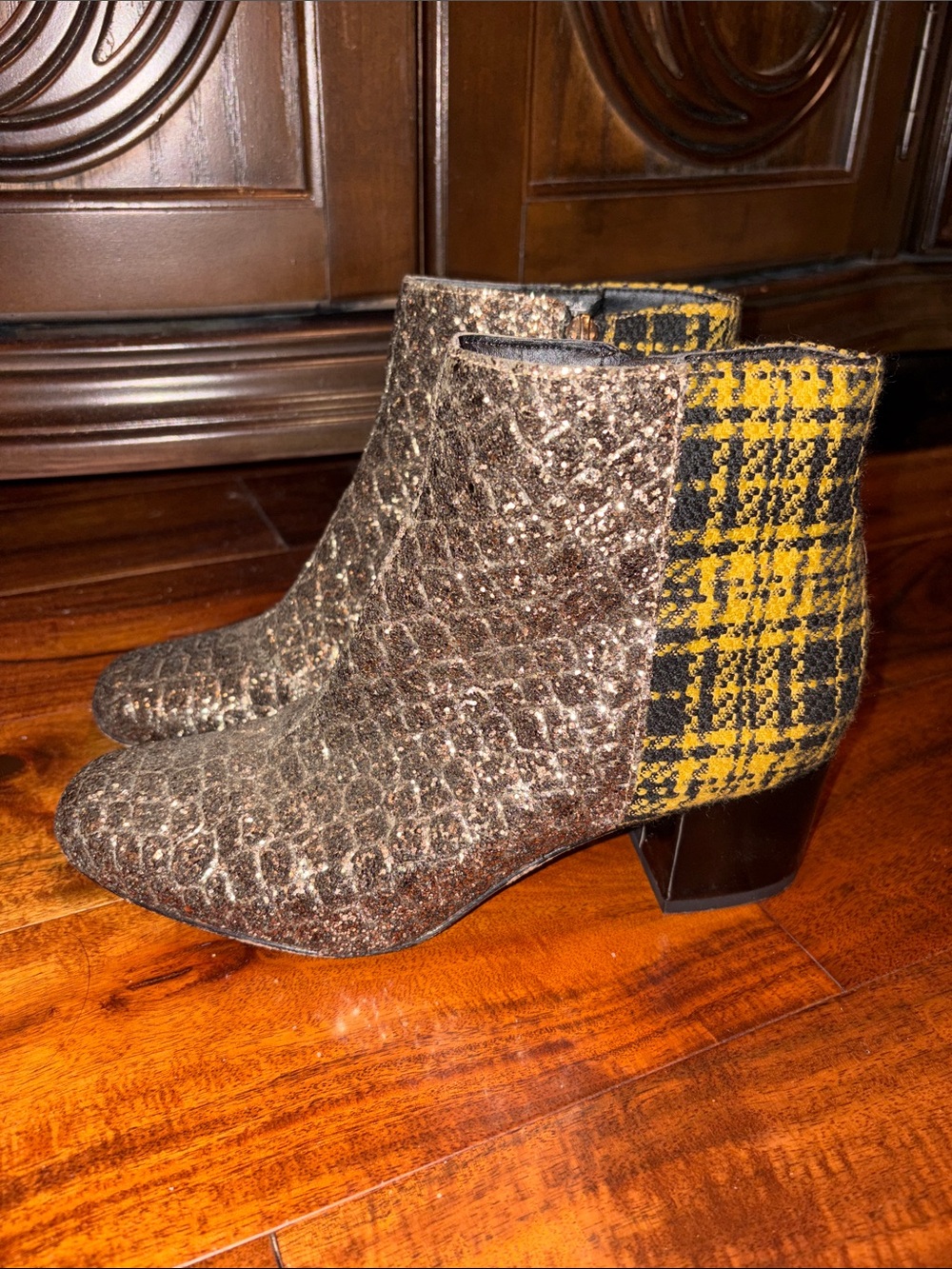 Sam Edelman "Edith" Gold Glitter / Yellow Plaid Ankle Booties